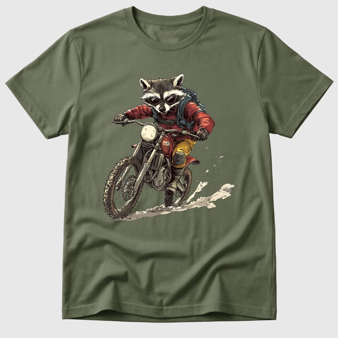 Military Green Dirt Bike Raccoon - Mosaic Rhino